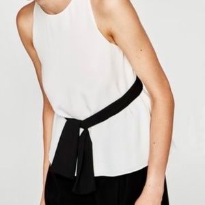 NWT Zara Trafaluc Ivory/Black Open Back Belted Top, Size- M